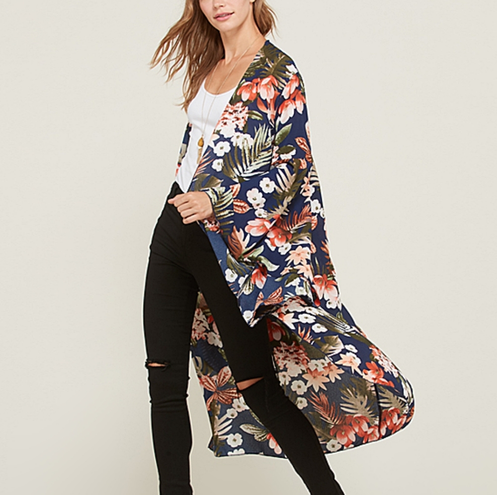Frumos Navy Peach Bell Sleeve Long Kimono